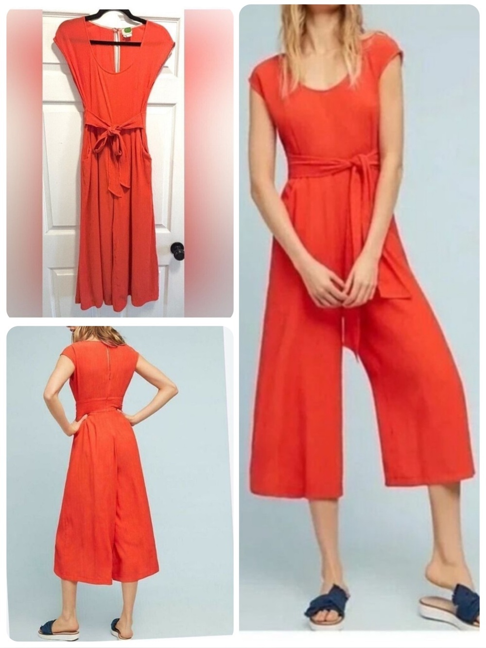 Anthropologie Abbey Wide Leg Crop Jumpsuit Belted Romper Bright Orange Size O XS